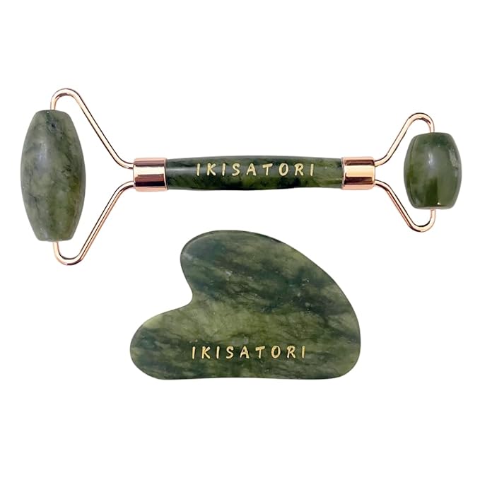 Green Jade Natural Stone Curved Facial Roller & Guasha Set - Jade Facial Massage and Face Sculpting Tool by Ikisatori (Green Jade)