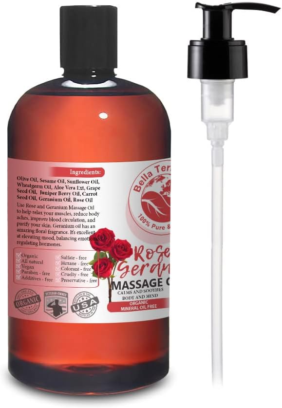 Rose and Geranium Massage Oil Without Mineral Oil. 16 oz. Full Body Massage Therapy. Soothes Body and Mind. Made with Olive Oil, Sesame Oil, Sunflower Oil, Aloe Vera, Geranium Oil, Rose Oil.