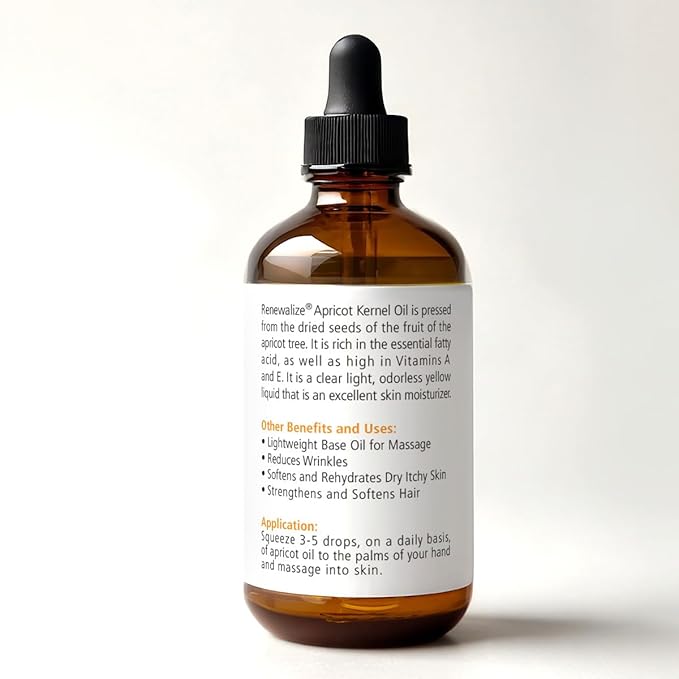 ORGANIC APRICOT KERNEL OIL MOISTURIZER - in Large 4 oz Dark Glass Bottle with Dropper | 100% Pure and Unrefined | Skin Massage Oil for Body Hands & Feet
