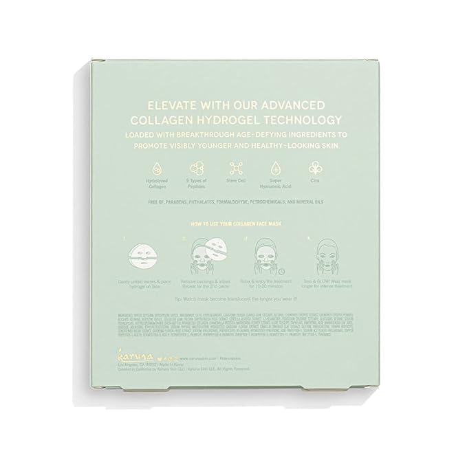 Karuna Skin - COLLAGEN Face Mask Sheets, Hydrogel 2-Piece Facial Mask, Age-Defying, Hydrating, Rejuvenating & Moisturizing Skin Care Essential That Targets Fine Lines & Wrinkles, 4 Packs