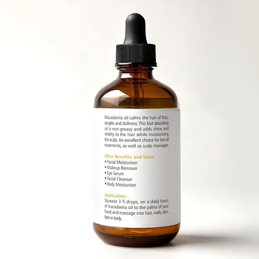 Organic Macadamia Nut Oil Moisturizer for Dry Skin In Large 4oz Glass Bottle | Cold Pressed and Unrefined Hair Oil