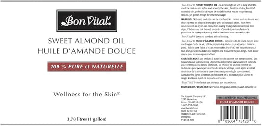 Bon Vital' Sweet Almond Oil Skin & Hair Moisturizer & Gentle Massage Oil, Carrier Oil for Diffusers, Improve Hair Texture and Hydrate Skin, 100% Pure Massage Therapy Oil, 1 Gallon