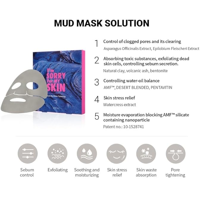 I'M SORRY FOR MY SKIN Bentonite Clay Mud Sheet Masks Set, Korean Skin Care, Exfoliating Face Masks with Volcanic Ash, Sebum Control, Pore Minimizer, Tightening, Soothing (Black 2pcs & Green 2pcs)