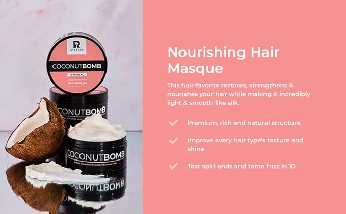 BYROKKO Coconut Bomb Nourishing Hair Mask For Silk Smooth Deep Conditioner Damaged Dry Treatment Natural Coco Oil Masque For All Hair Types 180GR With Free Brush