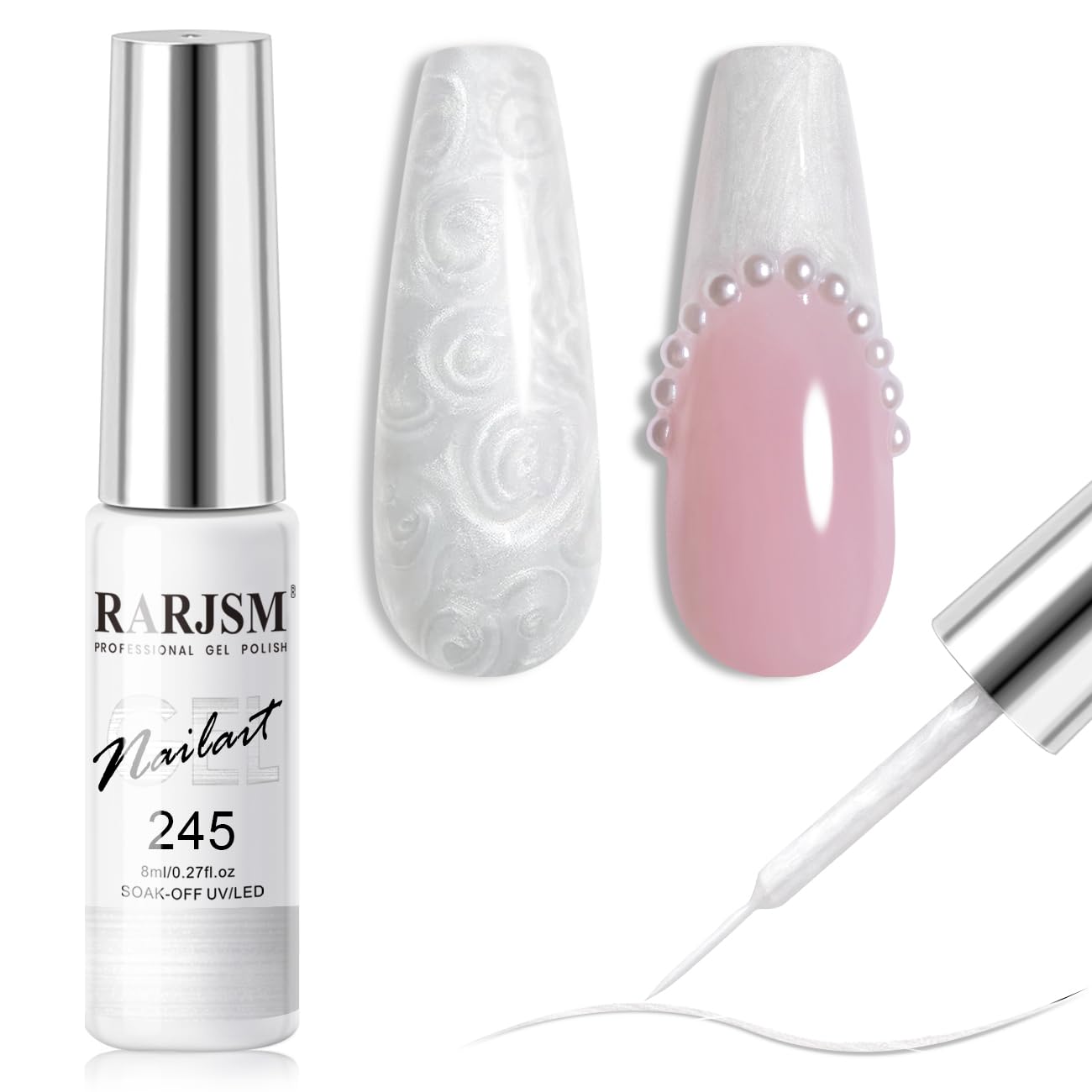 RARJSM Pearl White Gel Liner Nail Art Pearlescent Silver Shell Glitter Swirl Effect Gel Polish 8ml Build in Thin Brush Painted Drawing Striper Soak off Curing Requires for Home Salon