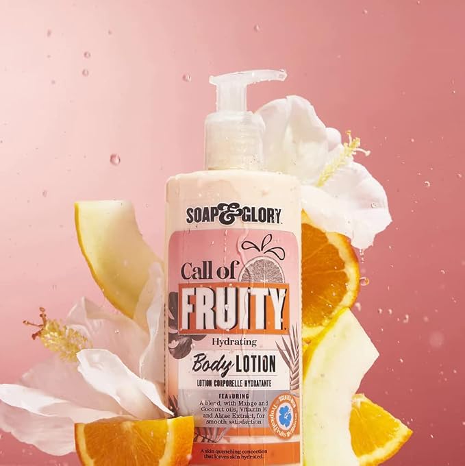 Soap & Glory Call of Fruity Vegan Body Lotion - Moisturizing Body Lotion with Vitamin E, Coconut Oil & Aloe Extracts - Tropical Fruits, Juicy Melon & Hibiscus Cocoa Butter for Dehydrated Skin (500ml)