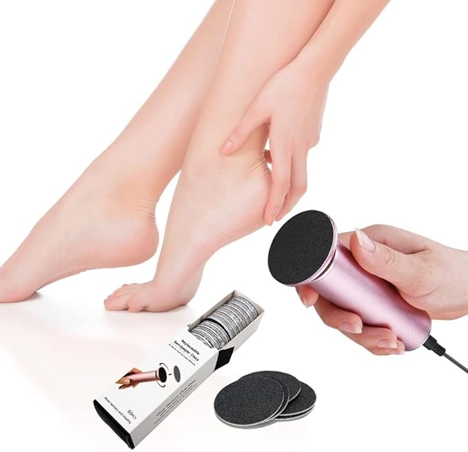 Electronic Foot File Grinder (Speed Adjustable) with 60pcs Replacement Sandpaper Disk，Electric Foot Scrubber Dead Skin Remover，for Feet Hard Cracked Dry Dead Skin Exfoliation，Unisex（Rose Pink）