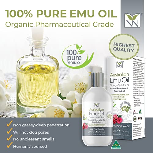 Y-Not Natural Ultra Pure Australian Emu Oil - Luxury, Hospital Grade Emu Oil 200 mL | Free Range Aboriginal Omega 3, 6 & 9 Oil Infused with Rose Wardia - The Ultimate Moisturizer for Skin, Hair, Nails, and Scalp