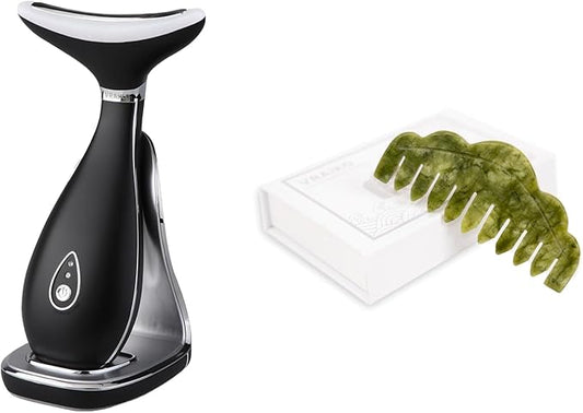 Lily Neck Face Massager Skin Rejuvenation Device (Black) with Triple Action LED, Natural Jade Comb Head Massager Scalp Massage Comb