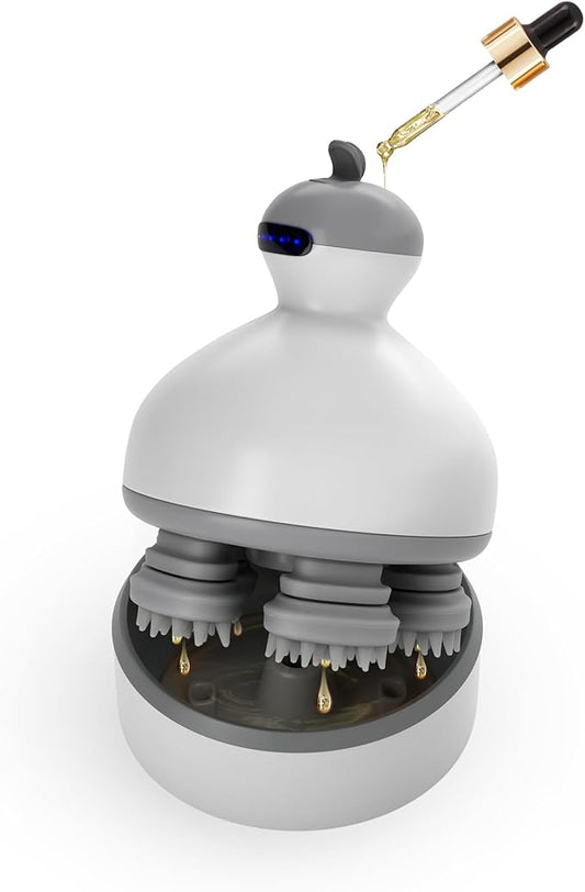 Electric Scalp Massager | 4-Mode Oil-Infused Head Massager with Oil Compartment | Promotes Hair Growth & Scalp Health | Removable Food Grade Silicone Heads