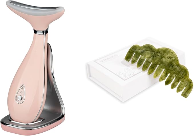 Lily Neck Face Massager Skin Rejuvenation Device (Pink) with Triple Action LED, Natural Jade Comb Head Massager Scalp Massage Comb