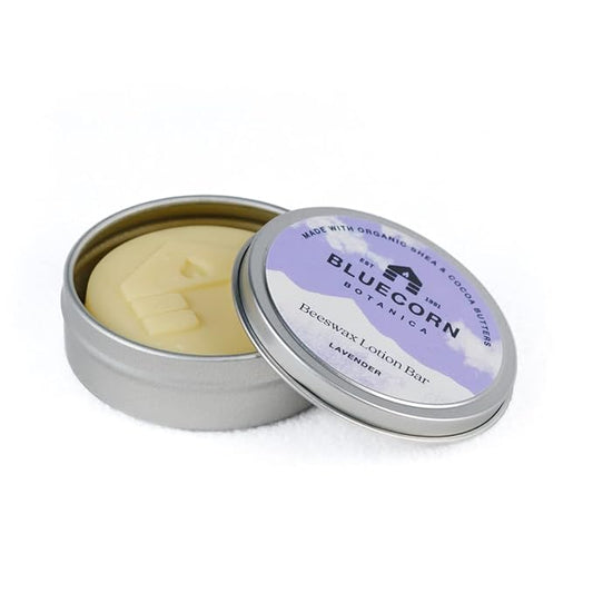 Bluecorn Beeswax Lotion Bar with Lavender Essential Oil, Organic Cocoa Butter, Organic Shea Butter, Vitamin E, Apricot Oil & Avocado Oil. Long-Lasting Hydration for Dry Skin. Handmade in Colorado.