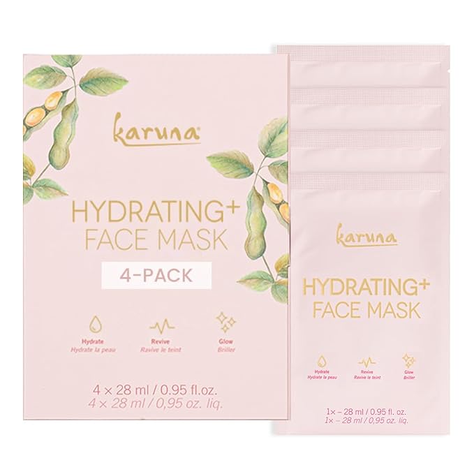 Karuna Skin - Hydrating+ Sheet Masks for Well-Moisturized & Hydrated Skin, Glow-Enhancing Face Masks Skin Care Products, Hydrating Facial Masks with Natto, Niacinamide & Sodium Lactate, 4 Sheets