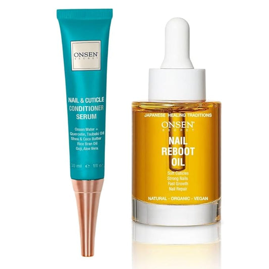 Onsen Secret Nail Reboot Duo - Treatment for Damaged Nails - Natural Nail Care & Cuticle Repair - Visible Results For Perfect Nails, Cuticle Conditioner Cream 30ml & Nail Reboot Oil 30ml