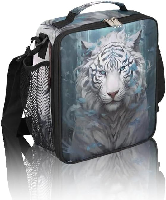 Animal Lunch Box for Kids, Watercolor White Tiger Lunch Bag for Boys Girls, Reusable Insulated Waterproof Lunch Box with Adjustable Shoulder Strap Thermal Cooler Tote Bag for School Daycare Picnic
