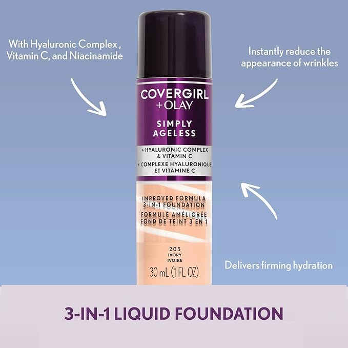 CoverGirl & Olay Simply Ageless 3-in-1 Liquid Foundation, Matte Finish, Hyaluronic & Vitamin C Formula, Warm Beige, 1 Count