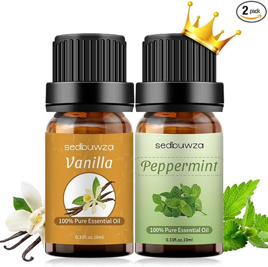 Sedbuwza Vanilla Peppermint Essential Oil Set, Vanilla Fragrance Oil Peppermint Scent Oil Set for Diffuser, Aromatherapy, Massage, Soap, Candle Making 2 x 10 ml
