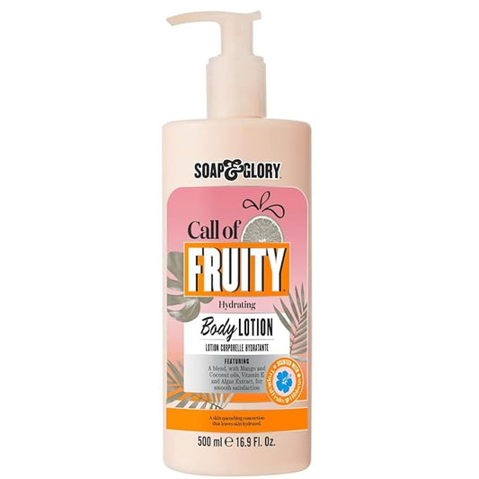 Soap & Glory Call of Fruity Vegan Body Lotion - Moisturizing Body Lotion with Vitamin E, Coconut Oil & Aloe Extracts - Tropical Fruits, Juicy Melon & Hibiscus Cocoa Butter for Dehydrated Skin (500ml)