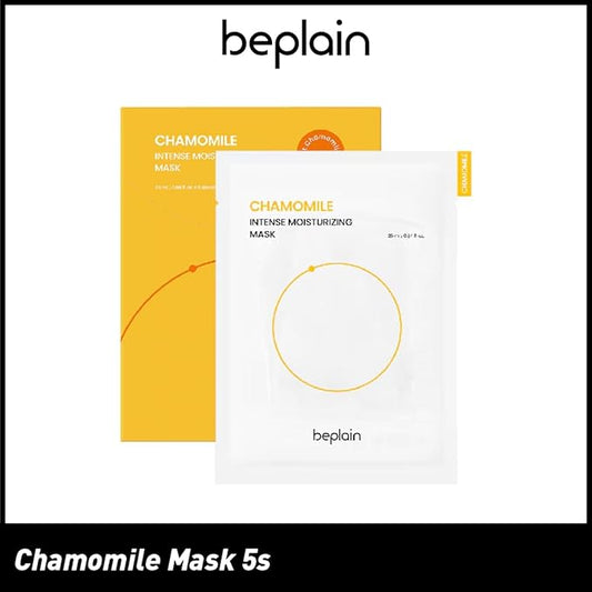 beplain Chamomile Intense Moisturizing Facial Mask, Hydrating & Soothing Sheet Mask for Sensitive, Dry Skin | Vegan | Elasticity Improvement | Fragrance-Free | Korean Skin Care | 5ea