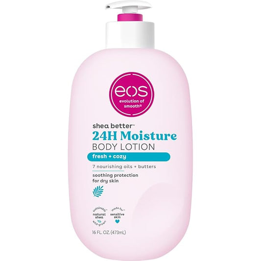 eos Shea Better Body Lotion- Fresh & Cozy, 24-Hour Moisture Skin Care, Lightweight & Non-Greasy, Made with Natural Shea, Vegan, 16 Fl Oz (Pack of 1)