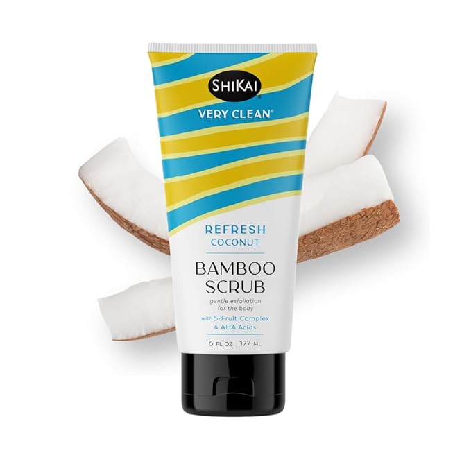 ShiKai Very Clean Bamboo Body Scrub (Refresh Coconut, 6 oz) | Gentle Hydrating & Exfoliating Skin Cleanser | With 5 Fruit Complex & AHA Acids