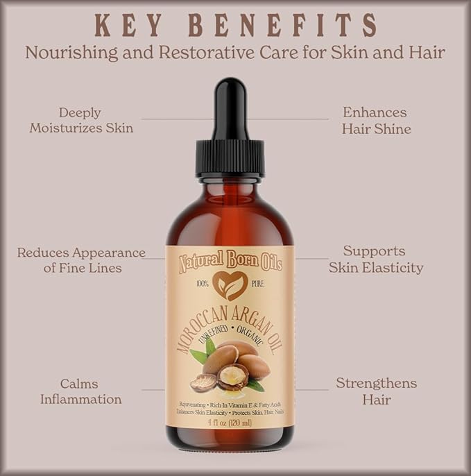Natural Born Oils Moroccan Argan Oil, 16oz, Organic, Cold-Pressed, Vitamin E & Antioxidants, Deep Skin Hydration, Hair Strengthener