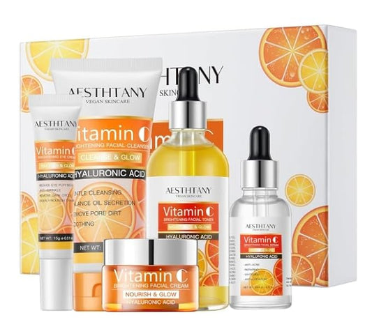 Vitamin C Skin Care Set For Women , 5-In-1 Moisturizing Hyaluronic Acid Skin Care Routine with Facial Cleanser, Serum, Face Cream, Eye Cream, Toner