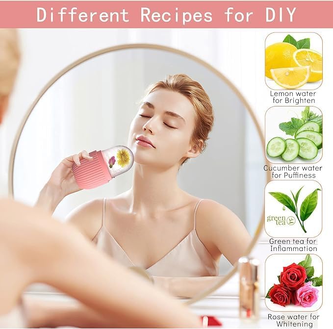 Ice Cube Facial Massager with Reusable Silicone Mold, Naturally De-Puff Eyes and Reduce Migraines, Made with Food Grade Silicone, BPA Free, BPS, Latex Free and Other Chemical (Rose Pink Two Tone)