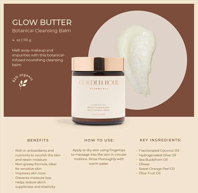 All Natural Organic Skin Care Products Made in USA, Vegan, Cruelty Free Hydrating Botanical Cleansing Balm, Makeup Remover Facial Cleanser Butter, 4floz/118ml, Glow Butter
