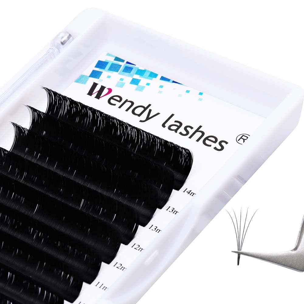 Easy Fan Volume for Lash Artists: Wendy, Handmade Fans for Eyelash Extensions, Self Fanning, Blooming, Black, C Curl, 0.1mm, 8-14mm, KH126