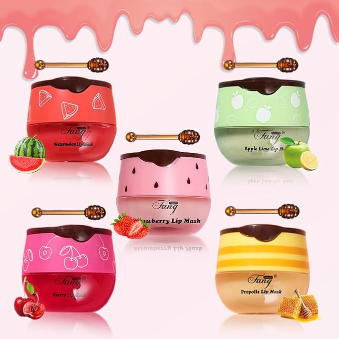 5PCS Bee Lip Balm Honey Pot，Honey&Strawberry&Watermelon&Cherry&Apple Lip Mask Overnight Propolis Moisturizing Lip Balm Hydrating Prevention Dry and Crack Lip Scrubs Exfoliator Lip Wrinkle Care
