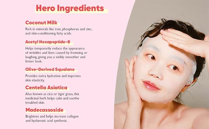 Moisturizing Face Masks (10-Pack) Korean Skincare Infused with Collagen, Coconut, Acetyl Hexapeptide-8, Niacinamide & Ceramide - Hydrating Solution for Dry Skin