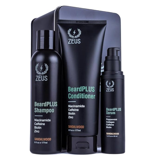 ZEUS BeardPLUS Essential Beard Growth Set, Premium Shampoo & Conditioner Wash and Growth Serum for Thicker & Stronger Facial Hair with Biotin (Made in USA) 3-Piece Set