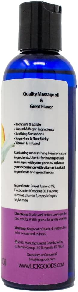 Peaches and Cream Flavored Massage Oil with Vitamin E, Vegan Edible Body Massage Oil for Women and Men with Sweet Almond Oil, Relaxing and Non Sticky Full Body Massages 4 oz