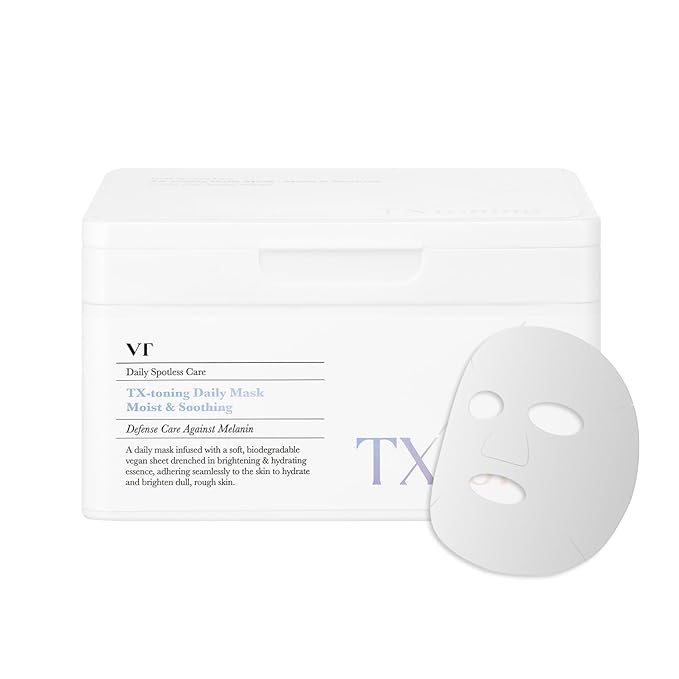 VT COSMETICS TX Toning Daily Mask 30 Sheets, Tranexamic Acid, Niacinamide, Glutathione for Acne Scars, Dark Spots, Hydrating & Glowing Facial Mask, Fragrance-Free, Korean Face Mask