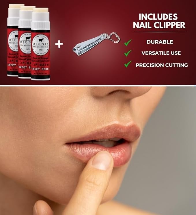 Goat Milk Sweet Berry Scent Lip Balm 0.28 oz Bundle with Nail Clipper - Moisturizing Lip Milk with Shea Butter, Coconut Oil, and Beeswax - Repair Chapped Lips - (4 Items)