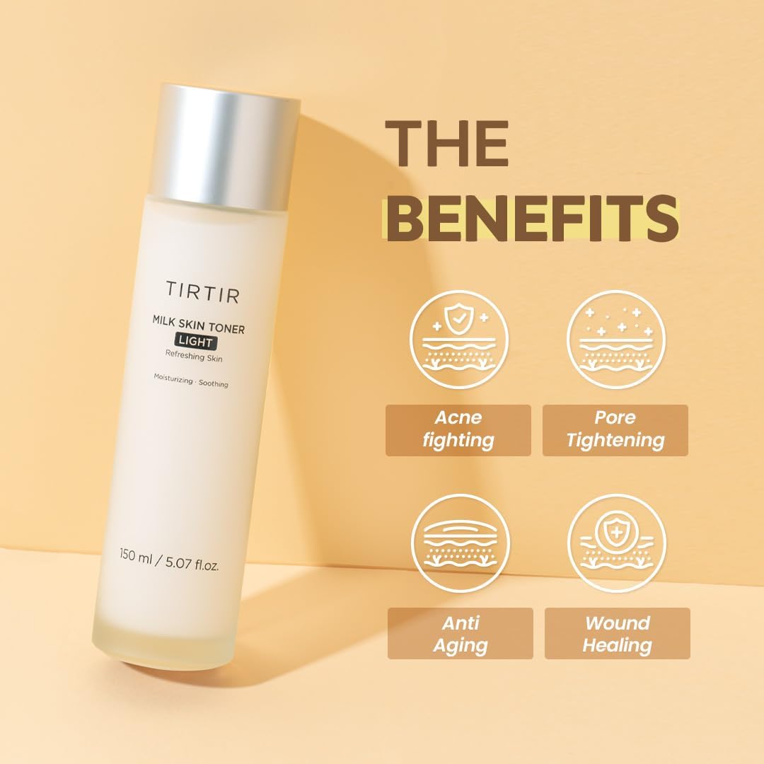 TIRTIR Milk Skin Rice Toner Light | Instant Hydration with 4% Niacinamide, Pantenol, Lightweight, Pore-Tightening, Vegan, Acne-Prone, Oily Skin, Fungal Acne Safe, Korean Skin Care, 0.67 Fl Oz