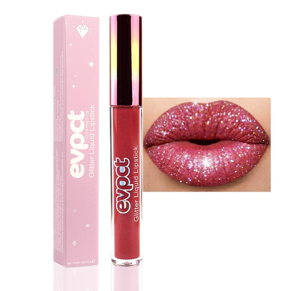 evpct 1Pcs Wine Red Matte to Glitter Liquid Lipstick Lip Set Kit, Long Lasting Matte Diamond Glitter Lipstick Waterproof, Colorful Sparkly Glossy Metallic Shimmer Sparkle Lip Gloss for Women 06#