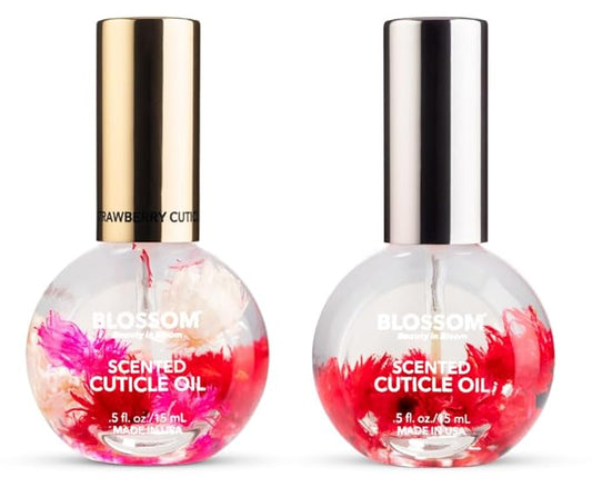 Blossom Hydrating, Moisturizing, Strengthening, Scented Cuticle Oil, Infused with Real Flowers, Made in USA, 2 Pack Bundle, Strawberry + Amazon Exclusive Raspberry