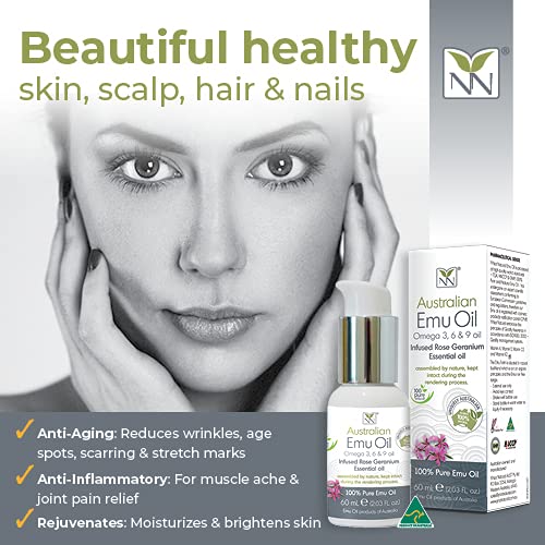Y-Not Natural Ultra Pure Australian Emu Oil - Luxury, Hospital Grade Emu Oil 60 mL | Free Range Aboriginal Omega 3, 6 & 9 Oil Infused with Rose Geranium - The Ultimate Moisturizer for Skin, Hair, Nails, and Scalp