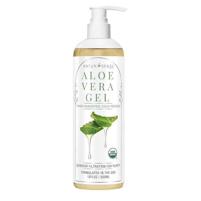NaturSense USDA Organic Aloe Vera Gel from 100% Pure Aloe. Same Gentle Aloe, Pink/Amber Color is Natural. Great for Hair, Scalp, Face, Dry Skin, Acne, Sunburn, Sensitive Skin. Unscented, 12 oz.