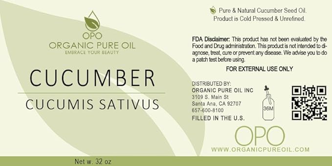 Cucumber Seed Oil 100% Pure Unrefined Cold Pressed Non GMO Vegan Bulk Carrier Oil for Face Skin Hair Body DIY Soap Making - 32 oz 1 Quart - Soothing Softens Hydrating Nourishing Skin Rejuvenating- OPO