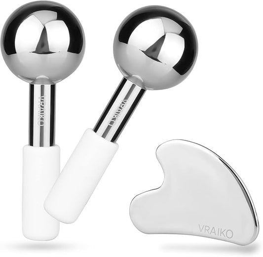 ICE Globes for Facials & Gua Sha Set, Gua Sha Facial Tools and Cryo Sticks with Unbreakable Steel, Face Massager Cooling Rollers for Dark Circles, Puffiness and Lymphatic Drainage (White)
