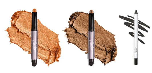 Julep Eyeshadow 101 Crème-to-Powder Eyeshadow Stick Duo + When Pencil Met Gel Sharpenable Multi-Use Longwear Eyeliner Pencil, 3pc Set - Bronze Shimmer, Soft Black & Marmalade Shimmer