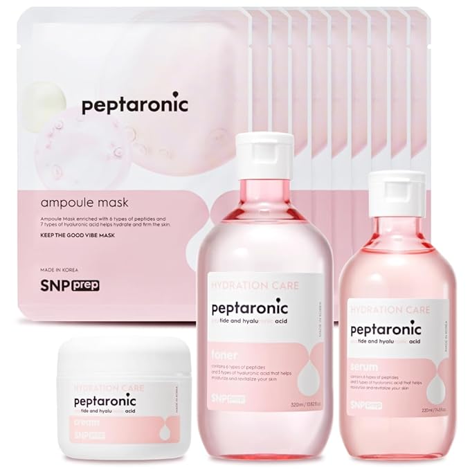 [K Beauty Snp] 4-in-1 Peptaronic Skincare Set | Peptide and Hyaluronic Acid Complete Skin Care Set | Includes Facial Toner, Cream, Face Serum, and Ampoule Sheet Face Masks | Skin Care Gift Set of 1