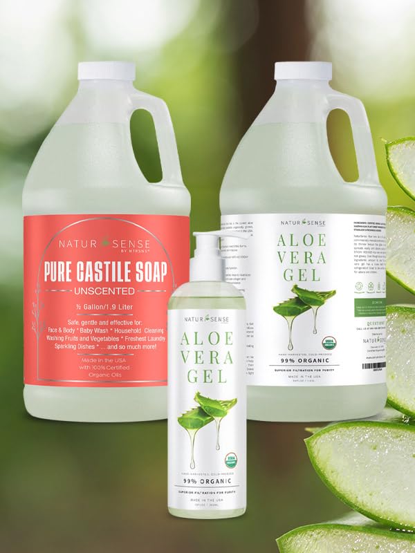 NaturSense USDA Organic Aloe Vera Gel from 100% Pure Aloe. Same Gentle Aloe, Pink/Amber Color is Natural. Great for Hair, Scalp, Face, Dry Skin, Acne, Sunburn, Sensitive Skin. Unscented, 12 oz.