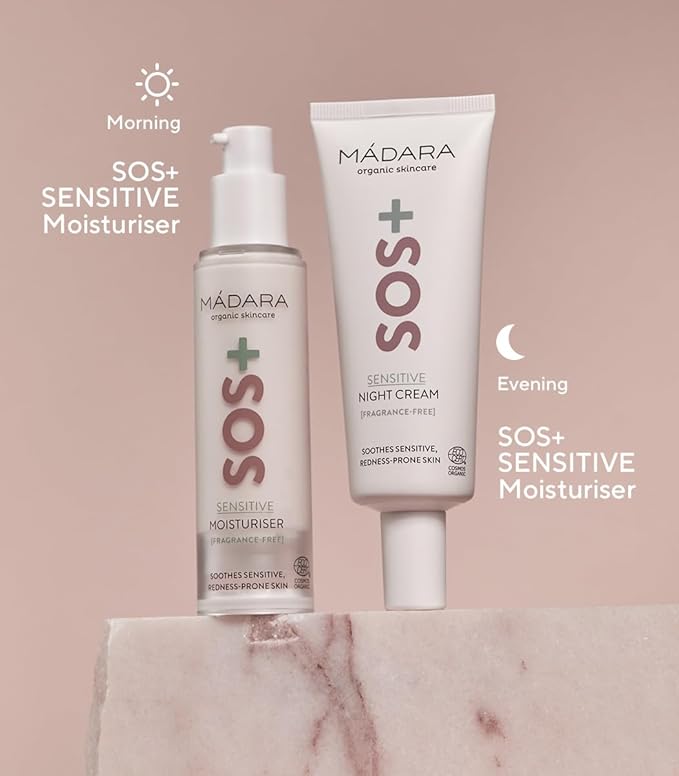 MÁDARA Organic Skincare | SOS+ SENSITIVE Night Cream, – Calming moisture for sensitive, reactive and redness-prone complexions, Dermatologically proven to soothe redness, Fragrance and colourant-free