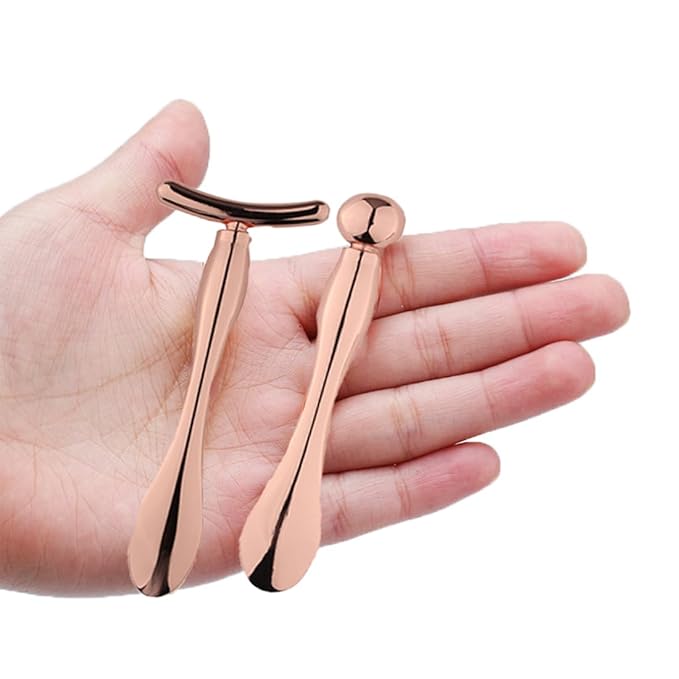 2 Pcs Metal Eye Cream Applicator Wand Stick, Eye Cream Roller Stick T-Shaped Massage Wand Makeup Spoon Set,Eye Facial Massager,Skin Care Tool for Eye Reducing Puffiness Wrinkle (Rose Gold)