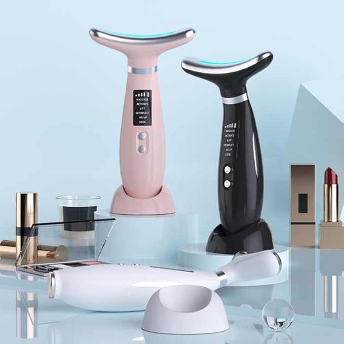 Facial Massager -7 Color Red-Light-Therapy for Face and Neck for Wrinkles, Double Chin, Vibrating Facial Massager with Thermals (White7)