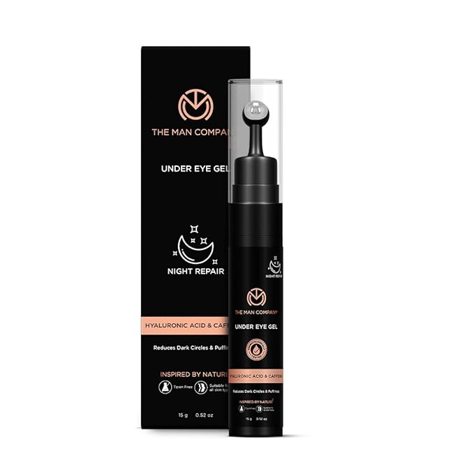 The Man Company Under Eye Gel With Cooling Massage Roller For Dark Circles, Fine Lines & Puffy Eyes with Caffeine & Hyaluronic Acid – 15gm